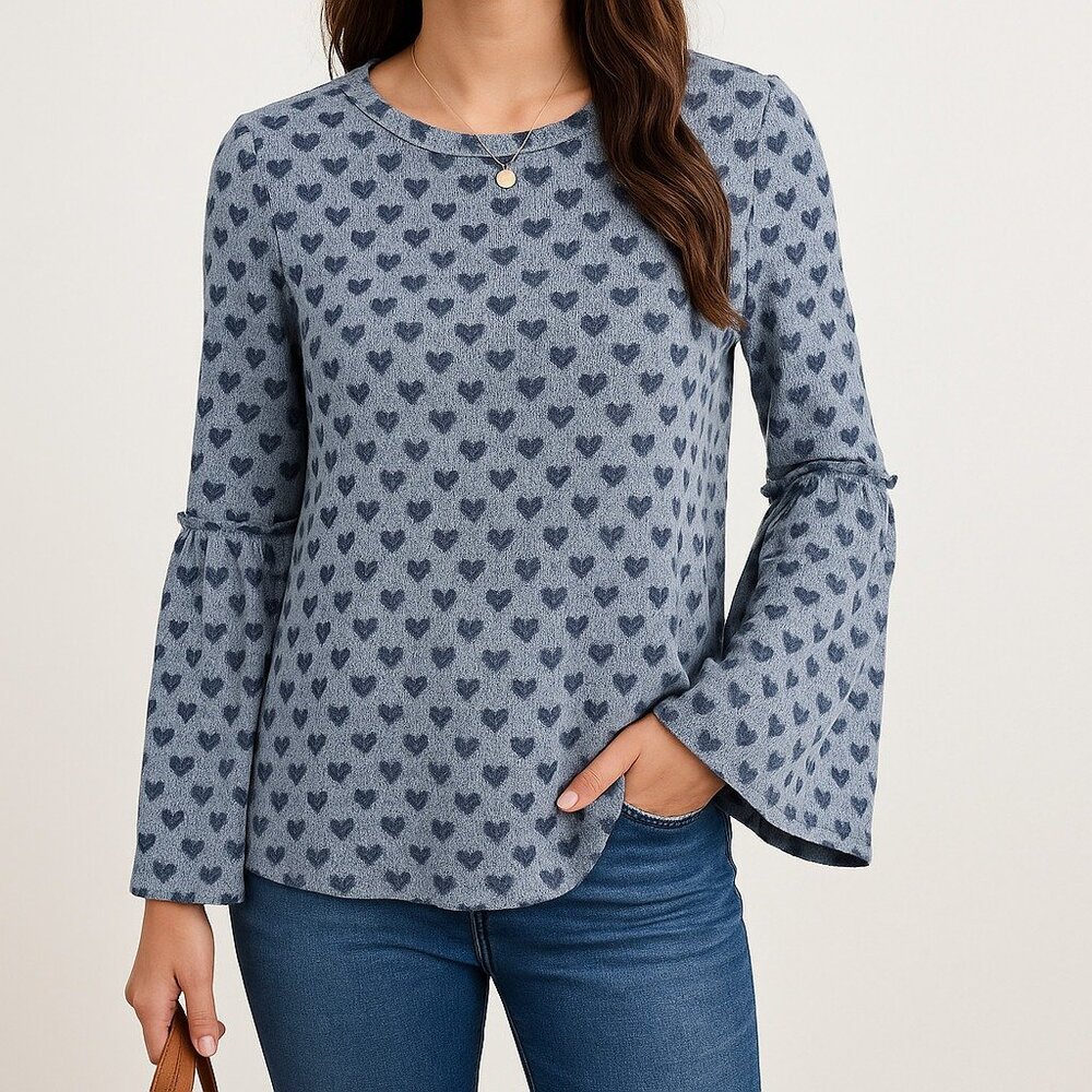 Lauren Conrad Blue Heart Print Bell‎ Sleeve Top M Stretch Boho Festival Romantic